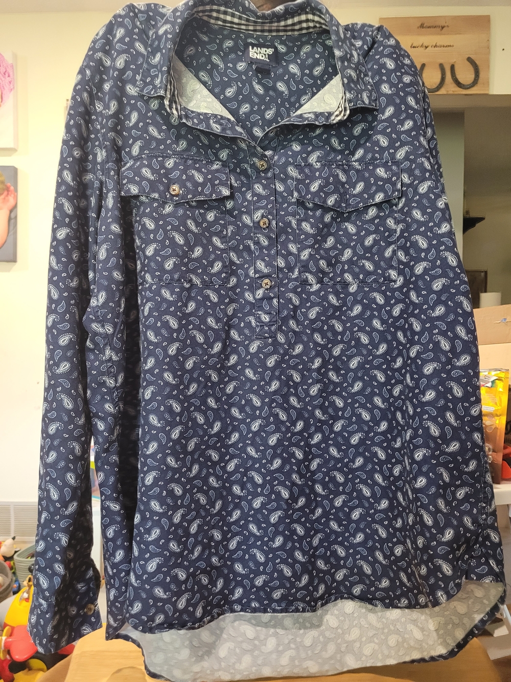 Lands' End Men’s Navy Paisley Button-Front Casual Shirt